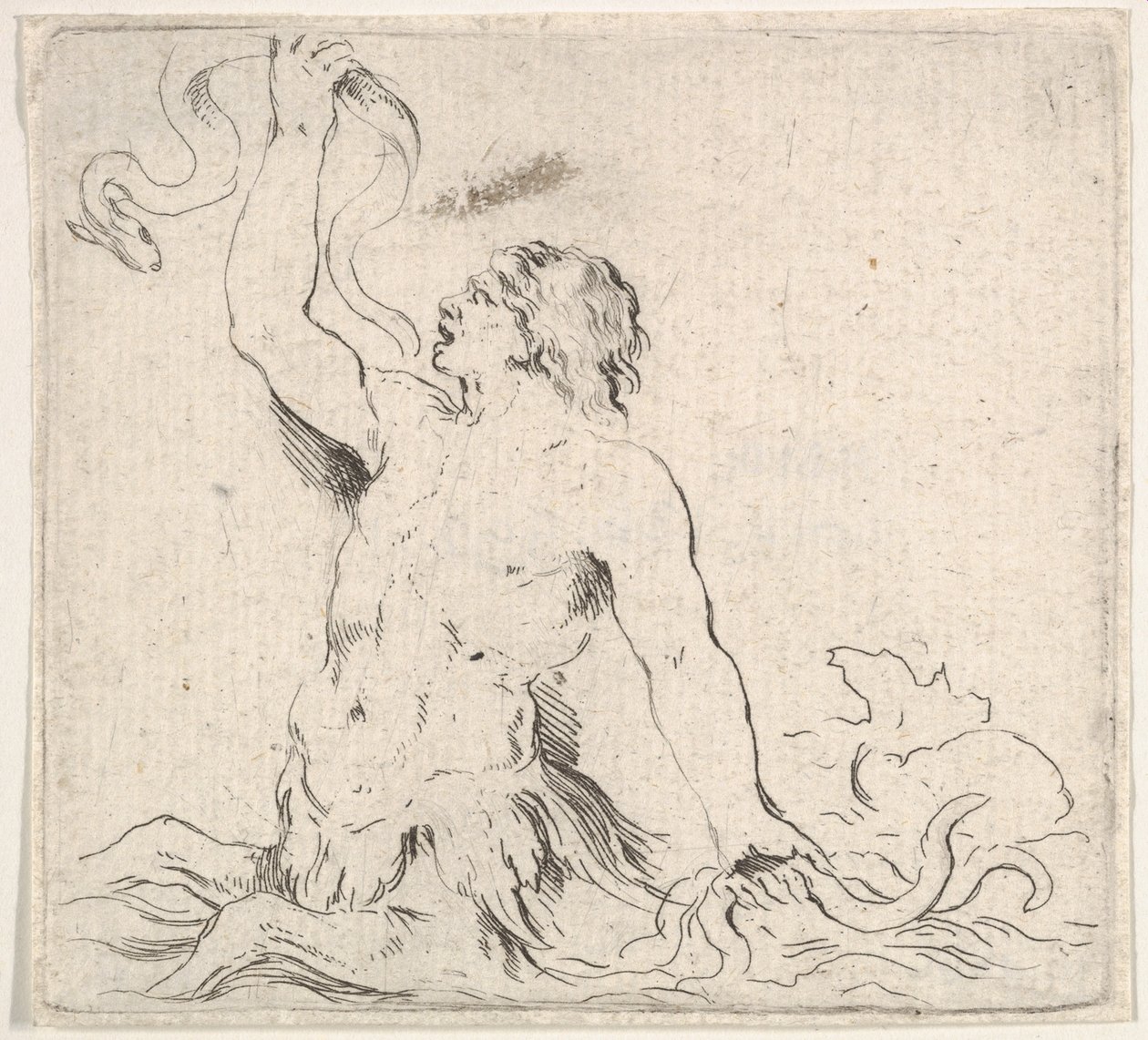 Levha 7: suda bir triton, yüzü sola dönük, sağ elinde bir yılan balığı tutuyor ve..., yakl. 1646. by Stefano della Bella