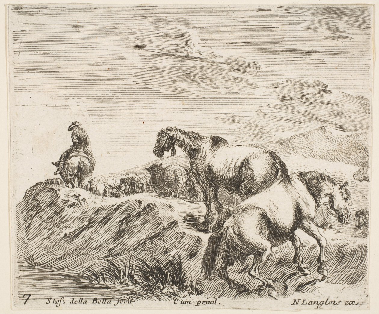 Levha 7: Sağda bir nehir kıyısına tırmanan iki at, bir geçit törenini takip ediyor ..., yakl. 1644-47. by Stefano della Bella