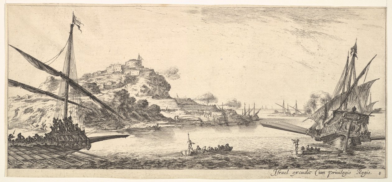 Levha 8: Bir kadırganın solunda ve sağda başka bir kadırganın pruva, arkadan bakıldığında..., yakl. 1641. by Stefano della Bella