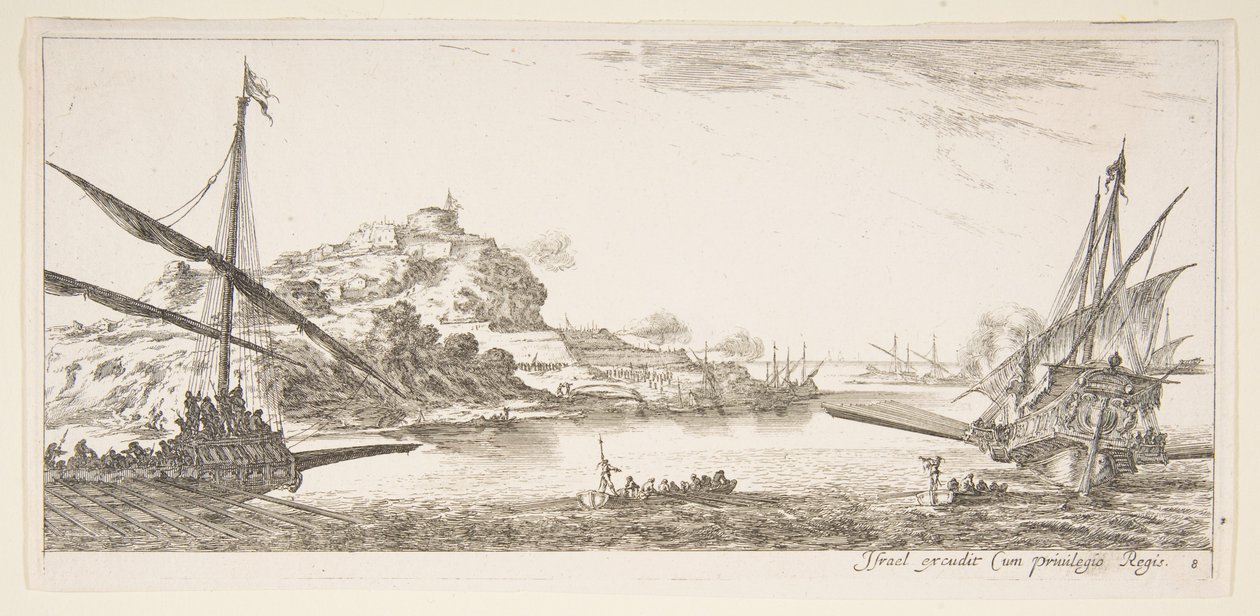 Levha 8: Bir kadırganın solunda ve sağda başka bir kadırganın pruva, arkadan bakıldığında..., yakl. 1641. by Stefano della Bella