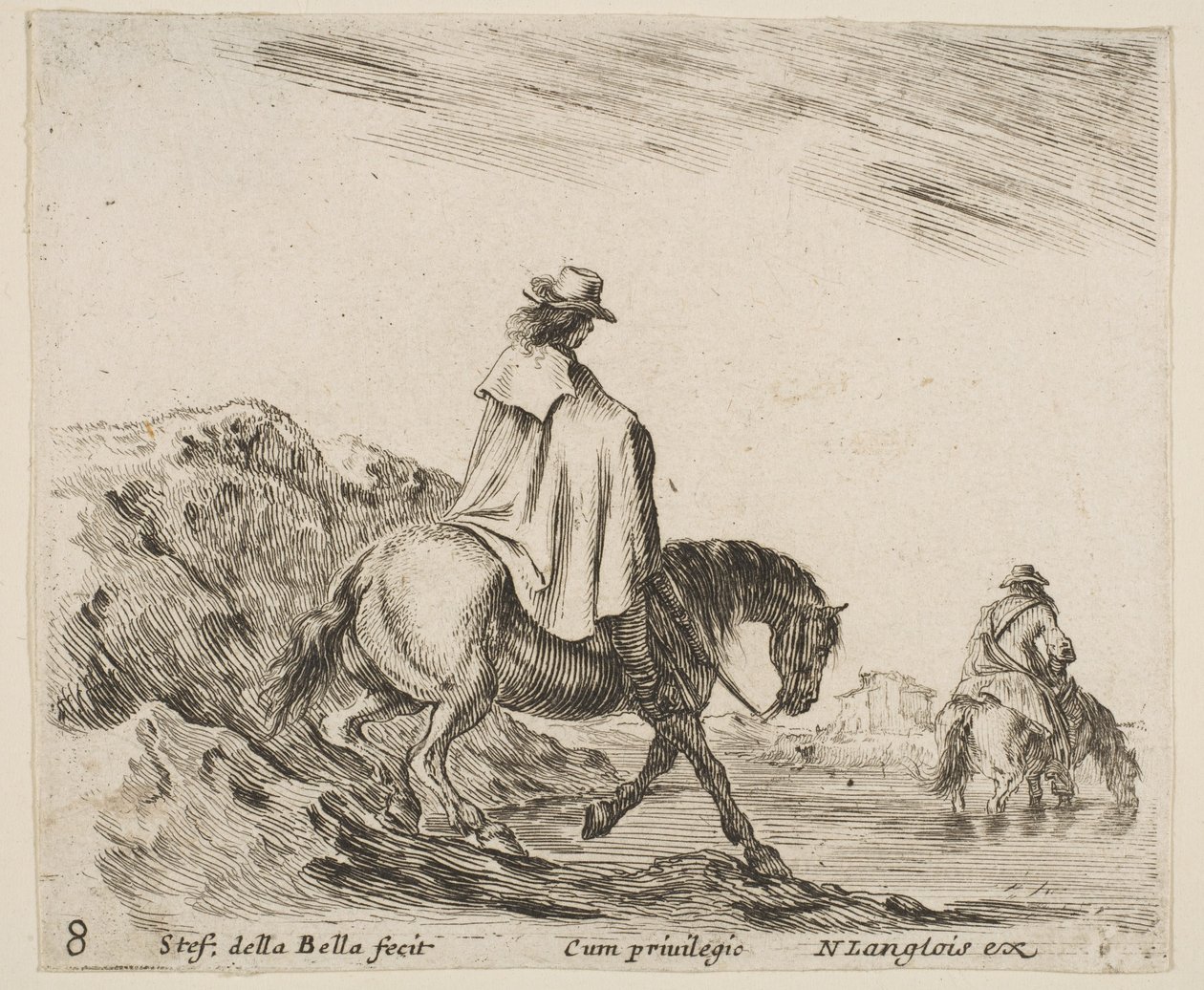 Plaka 8: bir süvari nehir kıyısına iner, nehirde başka bir atlı sağa doğru, ..., ca. 1644-47. by Stefano della Bella