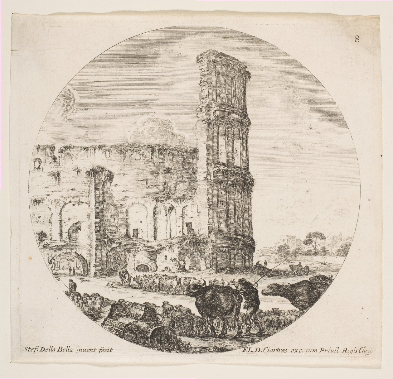 Levha 8: Kolezyum, önden amfitiyatroya doğru yönlendirilen iki sürü..., yakl. 1646. by Stefano della Bella