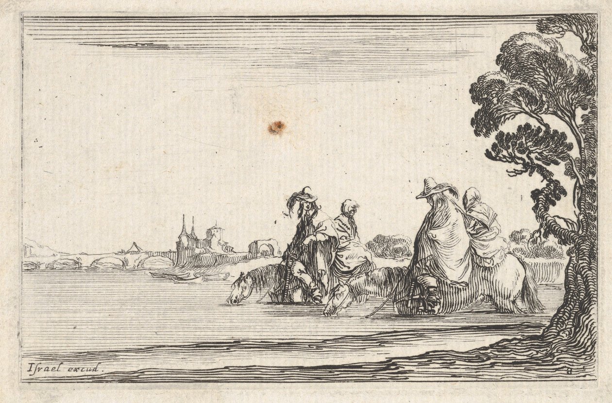 Levha 8: Sağda şapkalı iki atlı, her birinin arkasında oturan bir kadın..., yakl. 1642. by Stefano della Bella