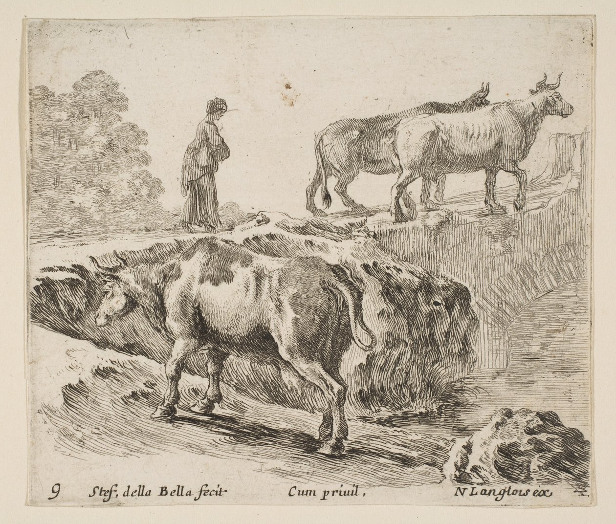Plaka 9: bir banka tırmanan bir inek, bir köprüden iki ineği geçiren köylü bir kadın i..., yakl. 1644-47. by Stefano della Bella