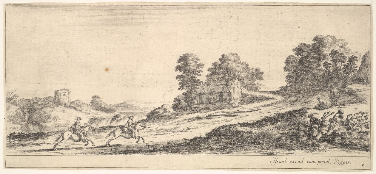 Plaka 9: solda iki atlı sağa doğru yokuş yukarı dörtnala, bir at ve oturan m..., yakl. 1641. by Stefano della Bella