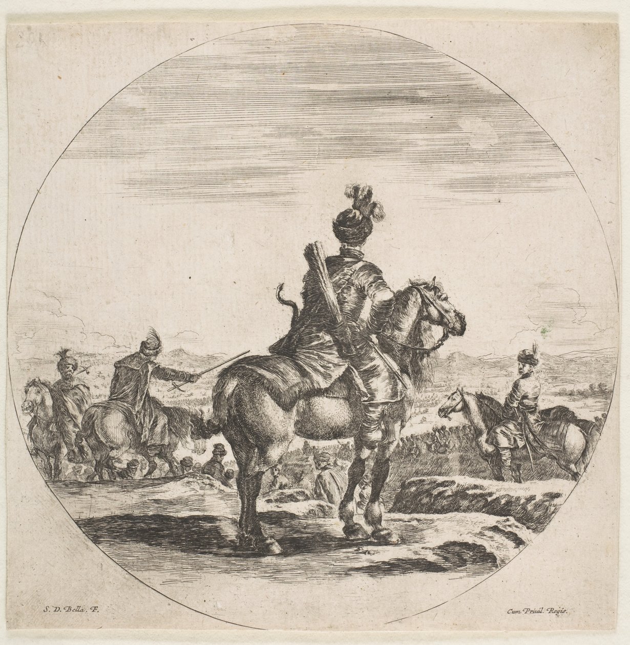 Ok ve yaylı Polonyalı atlı, atı sağa dönük olarak arkadan görülüyor, bir ..., yakl. 1651. by Stefano della Bella