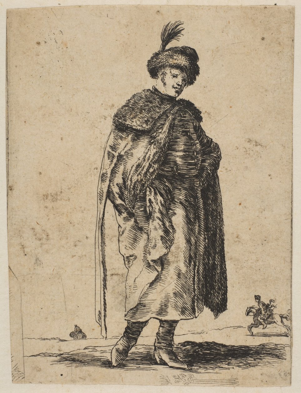 Bir kürk manto ve tüylü bir şapka giyen bıyıklı Polonyalı adam, yaklaşık. 1648. by Stefano della Bella