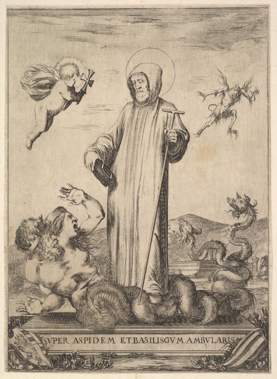 Saint Jean Gualbert, iki insan başlı ve yılan gibi gövdeli bir canavarı eziyor, bir sinek..., 1640. by Stefano della Bella