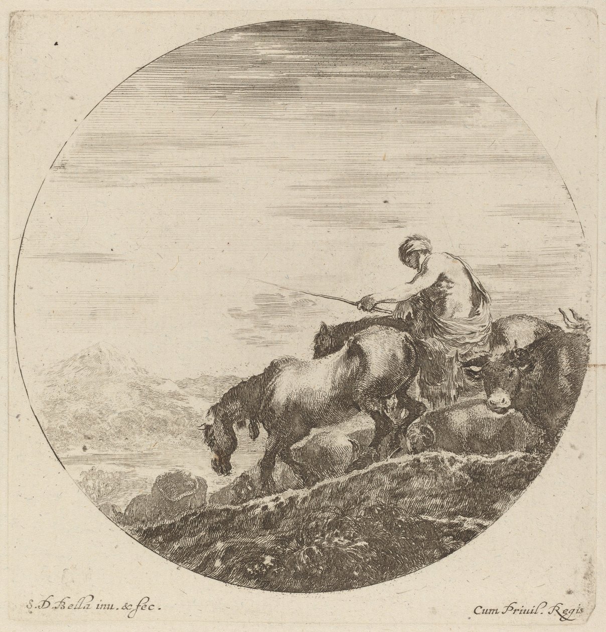 Çeşitli Hayvanlar Sürüsü Süren Bir At Üzerinde Çoban by Stefano della Bella