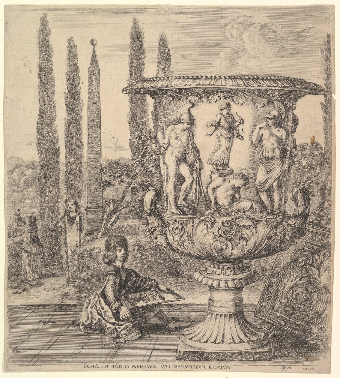 Medici vazosu, sağda büyük bir vazo, kurbanın temsili ile süslenmiştir..., 1656. by Stefano della Bella