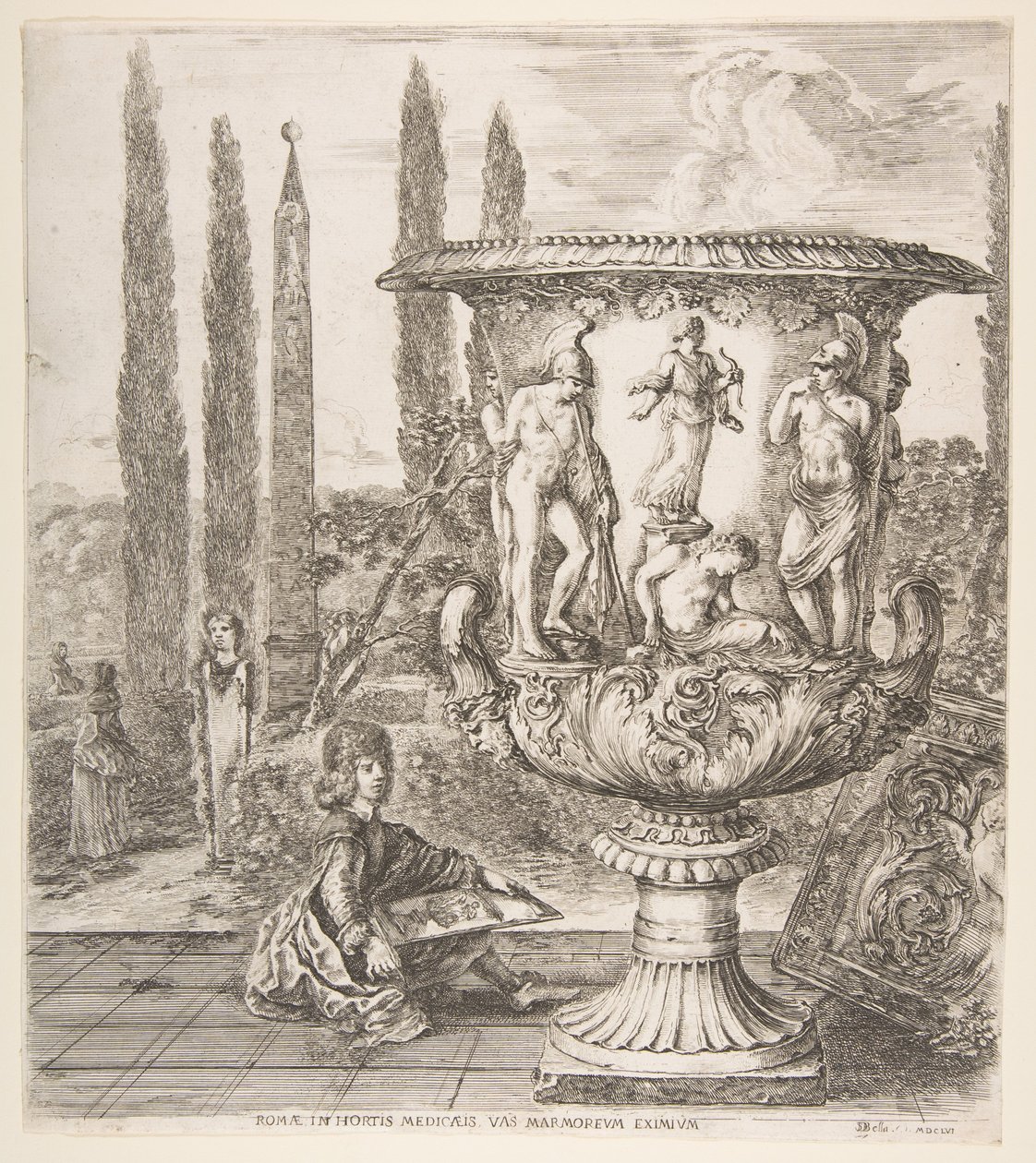 Medici vazosu, sağda büyük bir vazo, kurbanın temsili ile süslenmiştir..., 1656. by Stefano della Bella