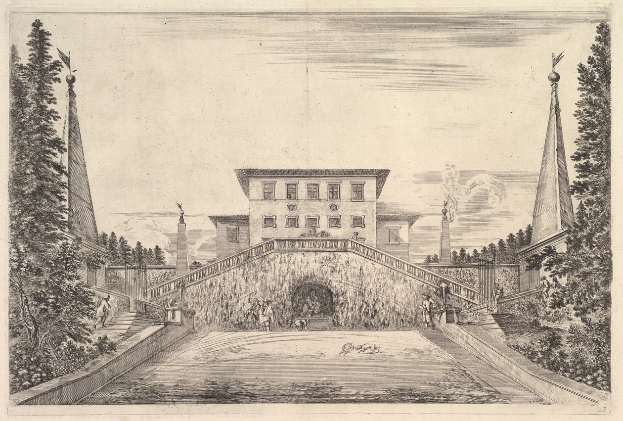 Dört dikilitaşla çevrili merkezdeki villa, her iki tarafa da bir merdiven, bir heykel ..., ca. 1653. by Stefano della Bella