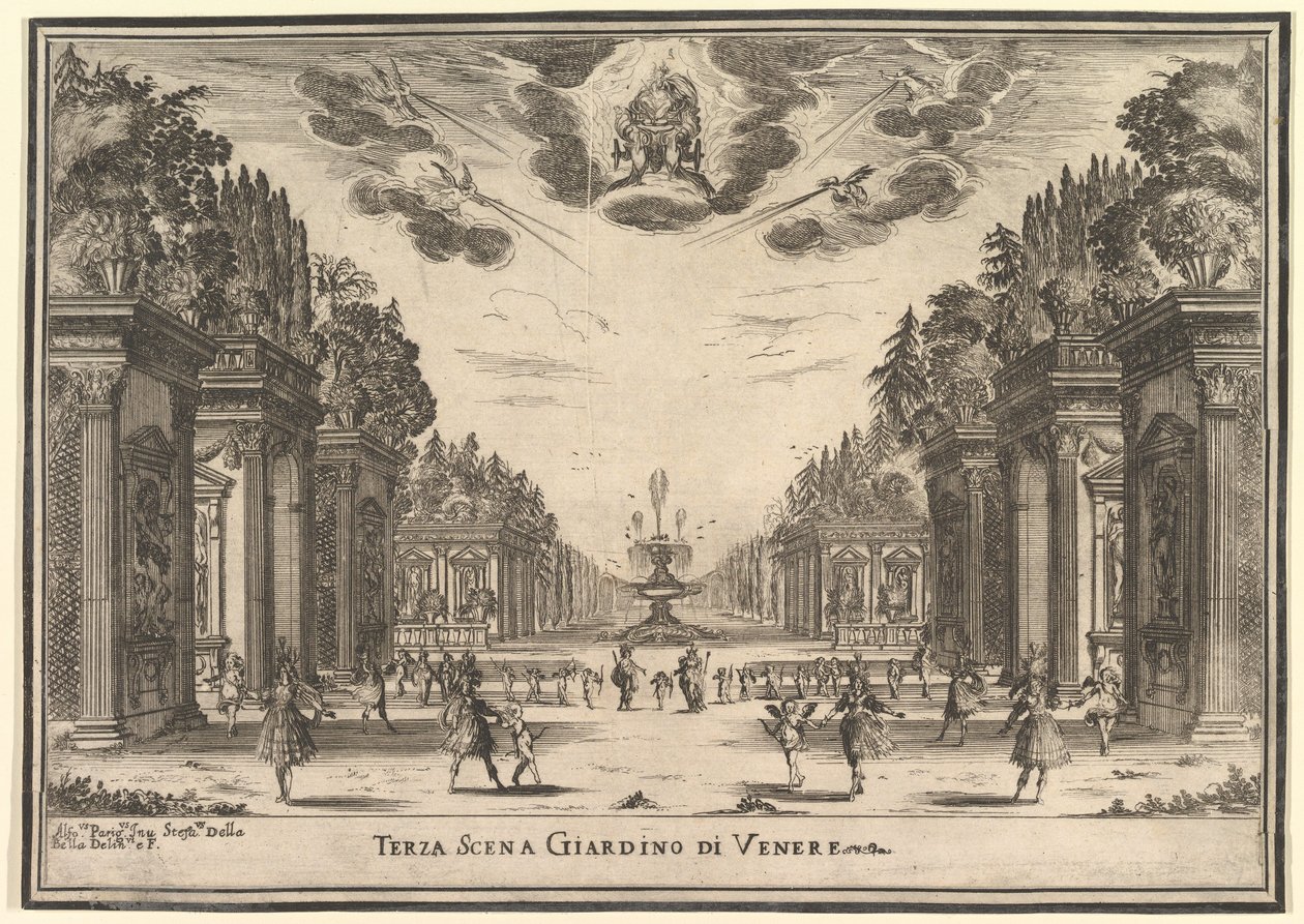 Üçüncü sahne, "Tanrıların evliliği"nden Venüs bahçesi, Le nozze degli Dei, 1637. by Stefano della Bella