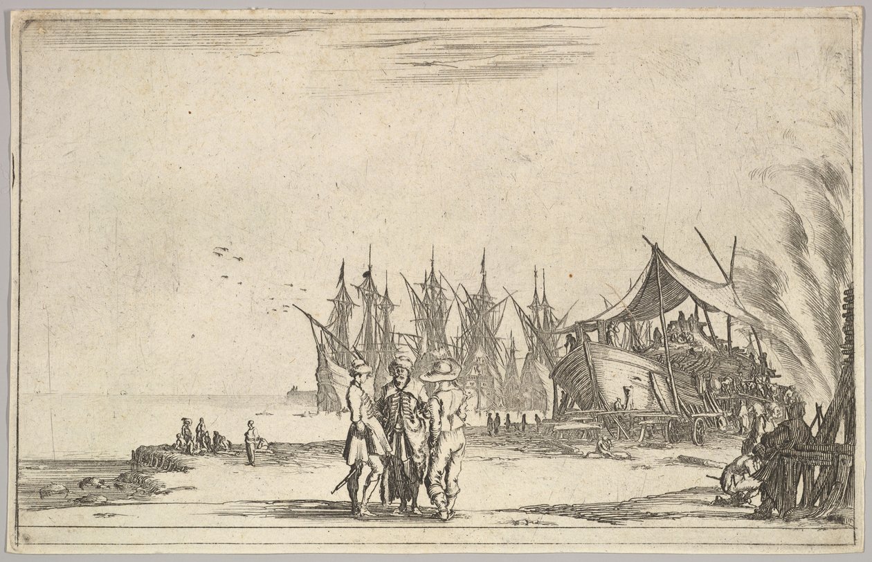 Merkezde şapkalı üç adam ayakta, bir gemiyi sağa sabitleyen adamlar, beş gemi ve çeşit..., 1639. by Stefano della Bella