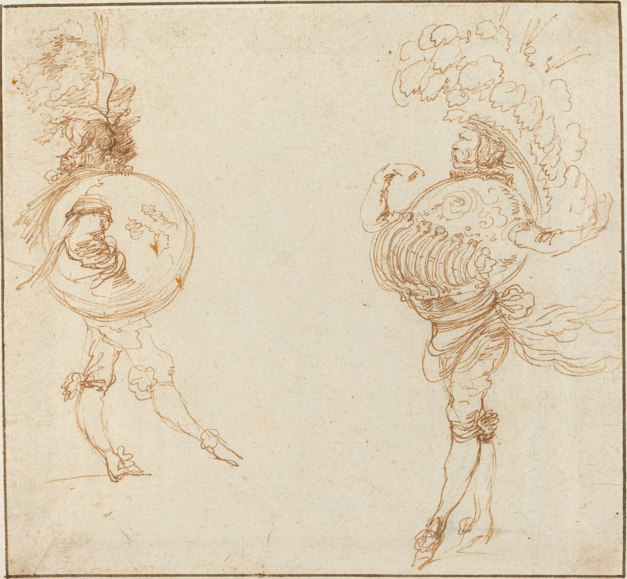 Maskeli Balo Kostümlü İki Adam: Dünya ve Geçit Töreni Miğferi, c. 1645. by Stefano della Bella