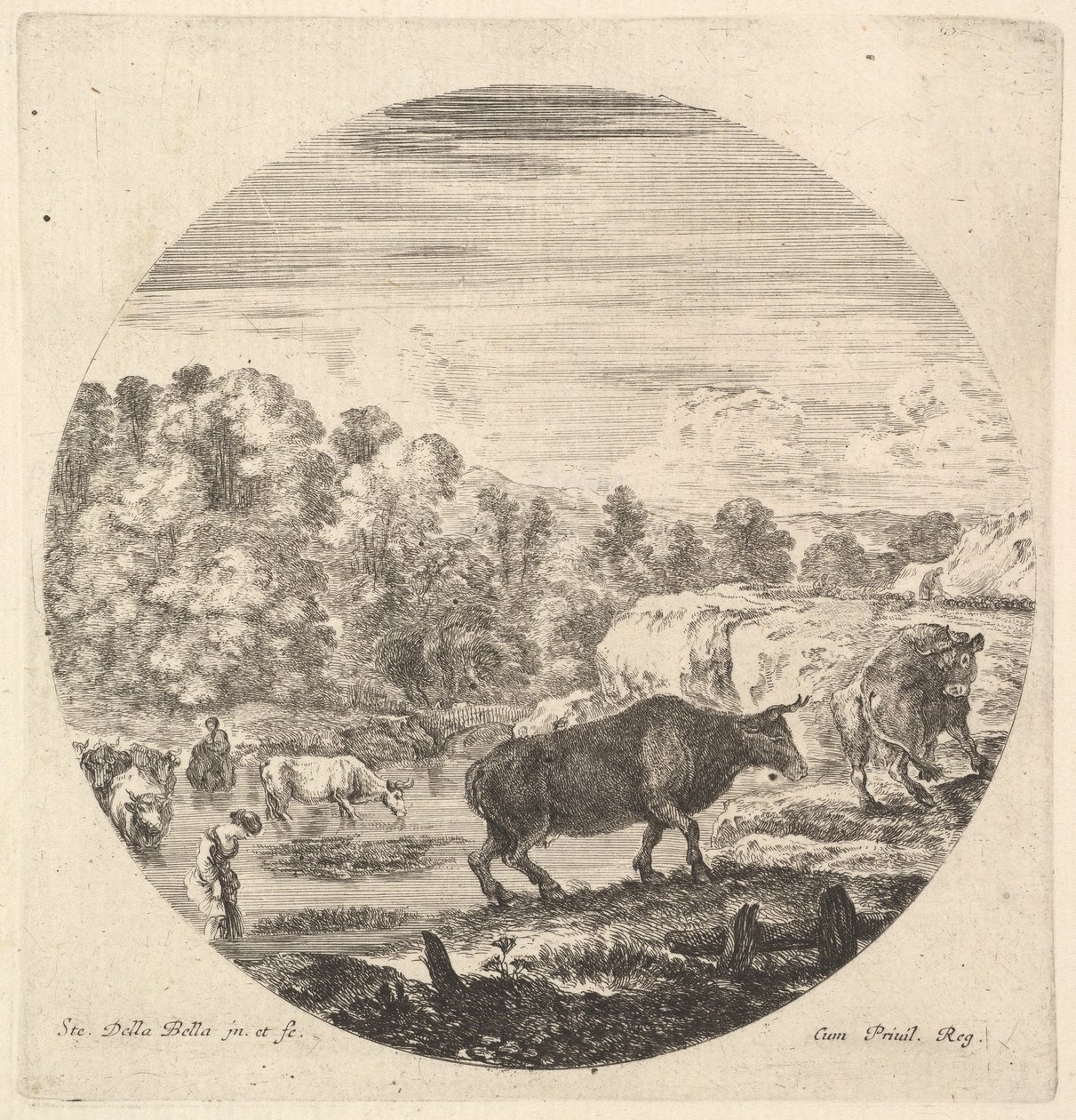 Merkezde iki inek, ardından nehirdeki iki köylü kadın ve diğer inekler..., ca. 1643-48. by Stefano della Bella
