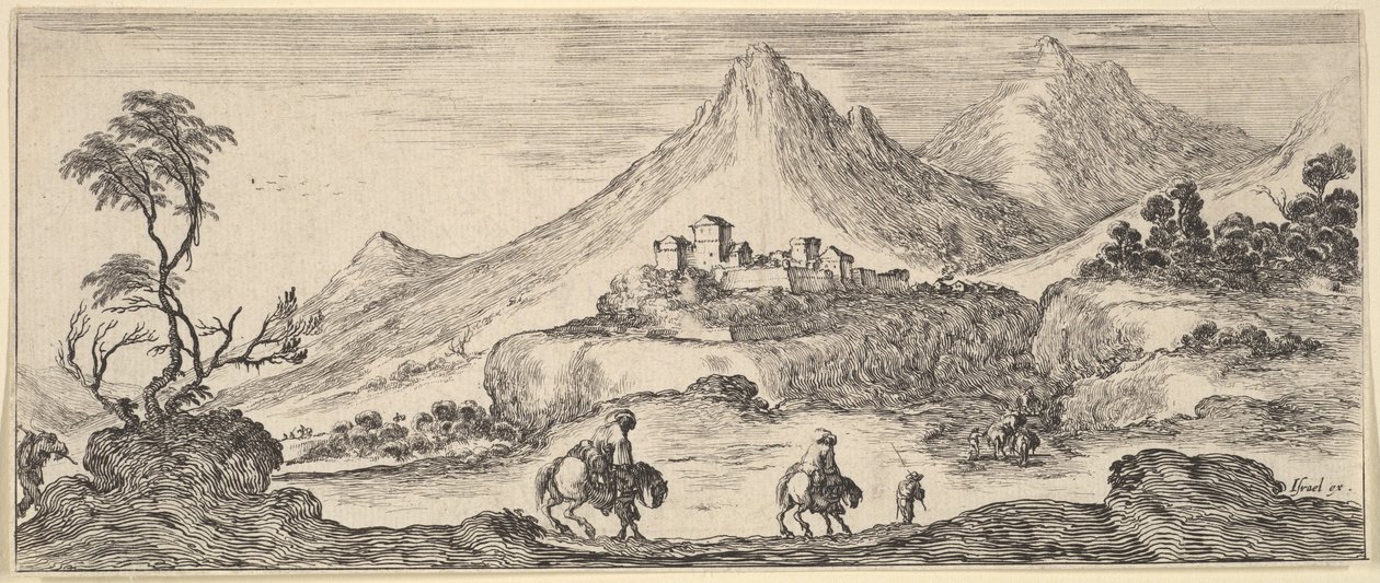 İki atlı ortadaki bir tepeye iner, yürüyerek başka bir adamı takip eder, ..., ca. 1641. by Stefano della Bella