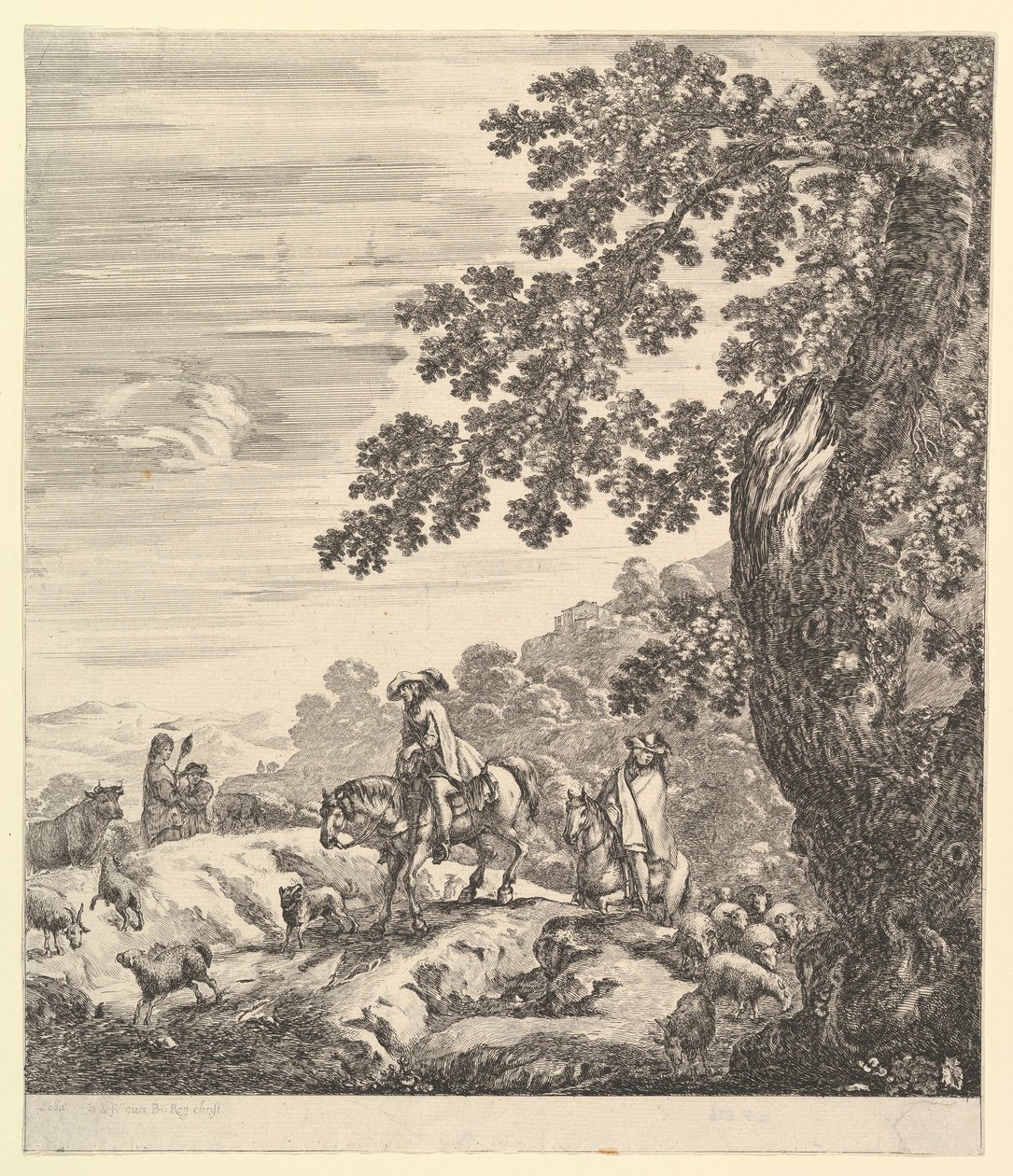 İki atlı bir sürünün yanından geçiyor, sola doğru sürüyor, bir köylü kadın ve genç bir oğlan..., yakl. 1656. by Stefano della Bella