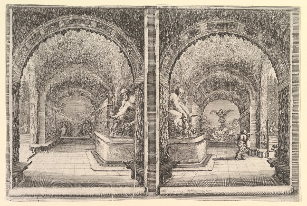 Bir mağaranın iki görünümü, her ikisinde de oturmuş bir heykeli olan bir çeşme, ..., ca. 1653. by Stefano della Bella