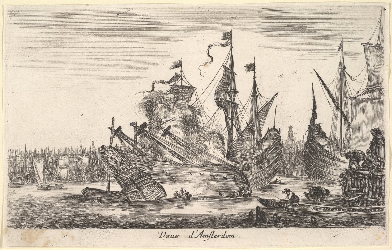 Amsterdam limanının görünümü Veue dAmsterdam, kayıklardaki adamlar merkezde bir gemide çalışıyor..., 1647. by Stefano della Bella