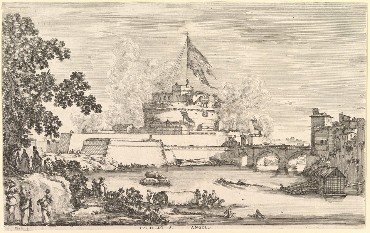 Tiber nehrinin görünümü, solda büyük bir ağaç, önde iki grup kadın..., ca. 1656. by Stefano della Bella