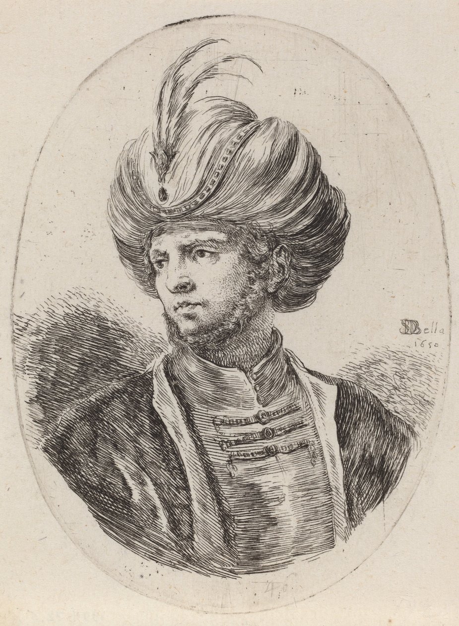 Hafif Sakallı ve Tüylü Sarıklı Genç Moor, Sola Döndü, 1650. by Stefano della Bella