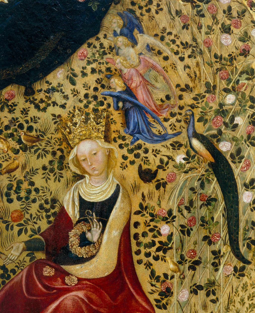 Melekler ve bir tavus kuşu ile çevrili İskenderiyeli Aziz Catherine, Madonna del Roseto