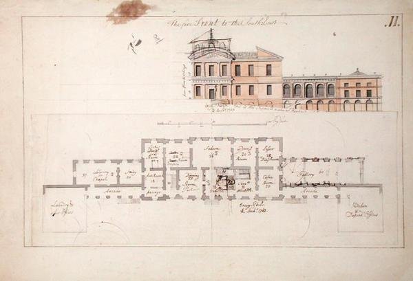 Bir villa için kat planı ve cephe, 1763 (grafit, kalem ve kahverengi mürekkep ve kağıt üzerinde yıkama) by Stephen Riou