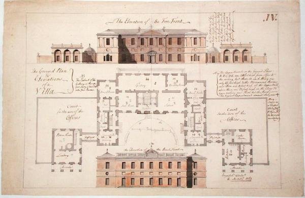 Büyük bir villa için kat planı ve cepheler, 1770 (grafit, kalem ve mürekkep ve kağıt üzerinde yıkama) by Stephen Riou