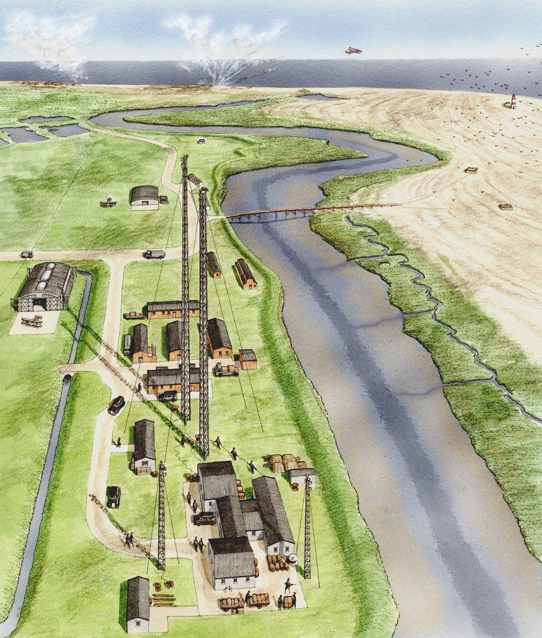 Orford Ness, Suffolk, c.1935-1945 (mürekkep, airbrush, suluboya) by Stephen Conlin