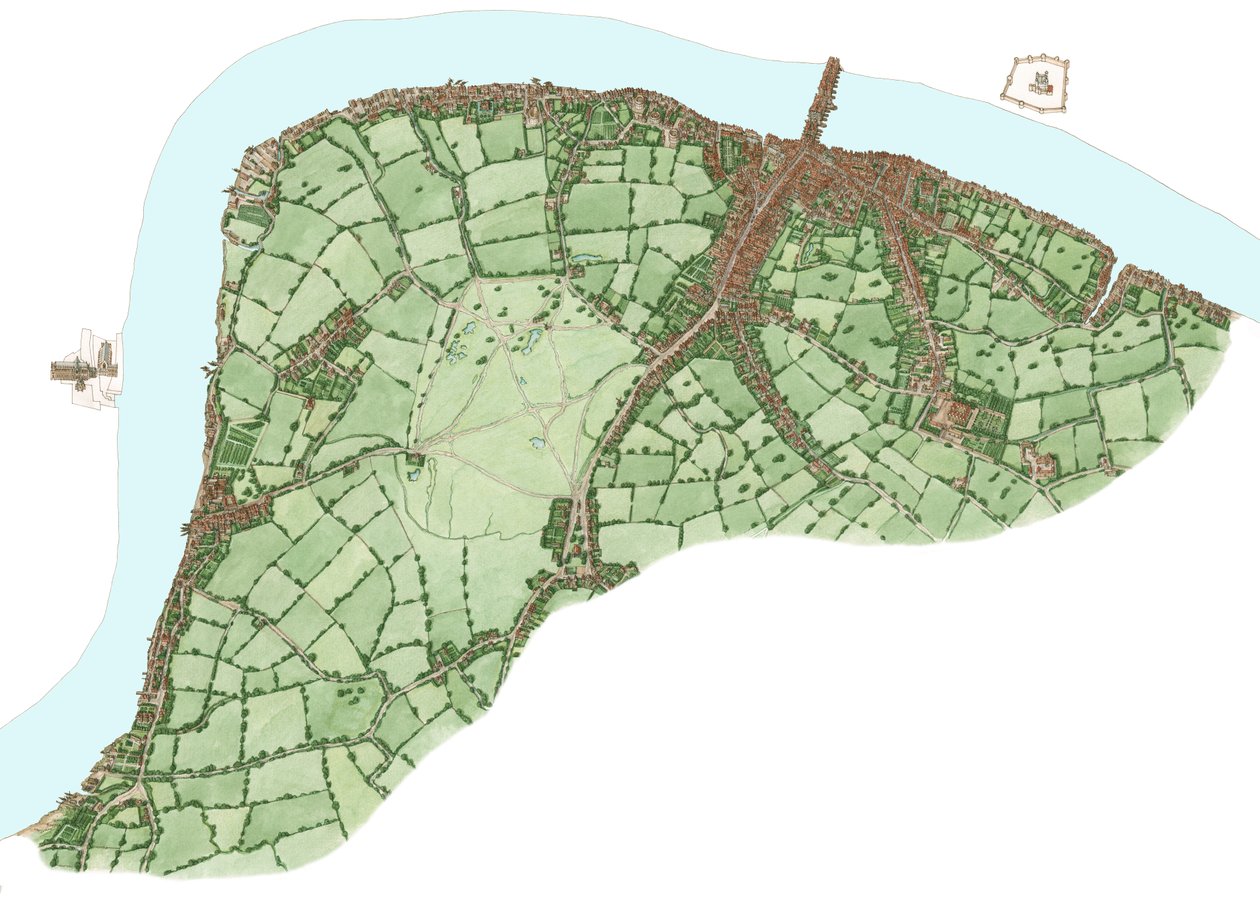 Güney Yakası, Londra, Vauxhall ve Bermondsey arasında 1600 civarı, 2021 (mürekkep ve suluboya, dijital) by Stephen Conlin