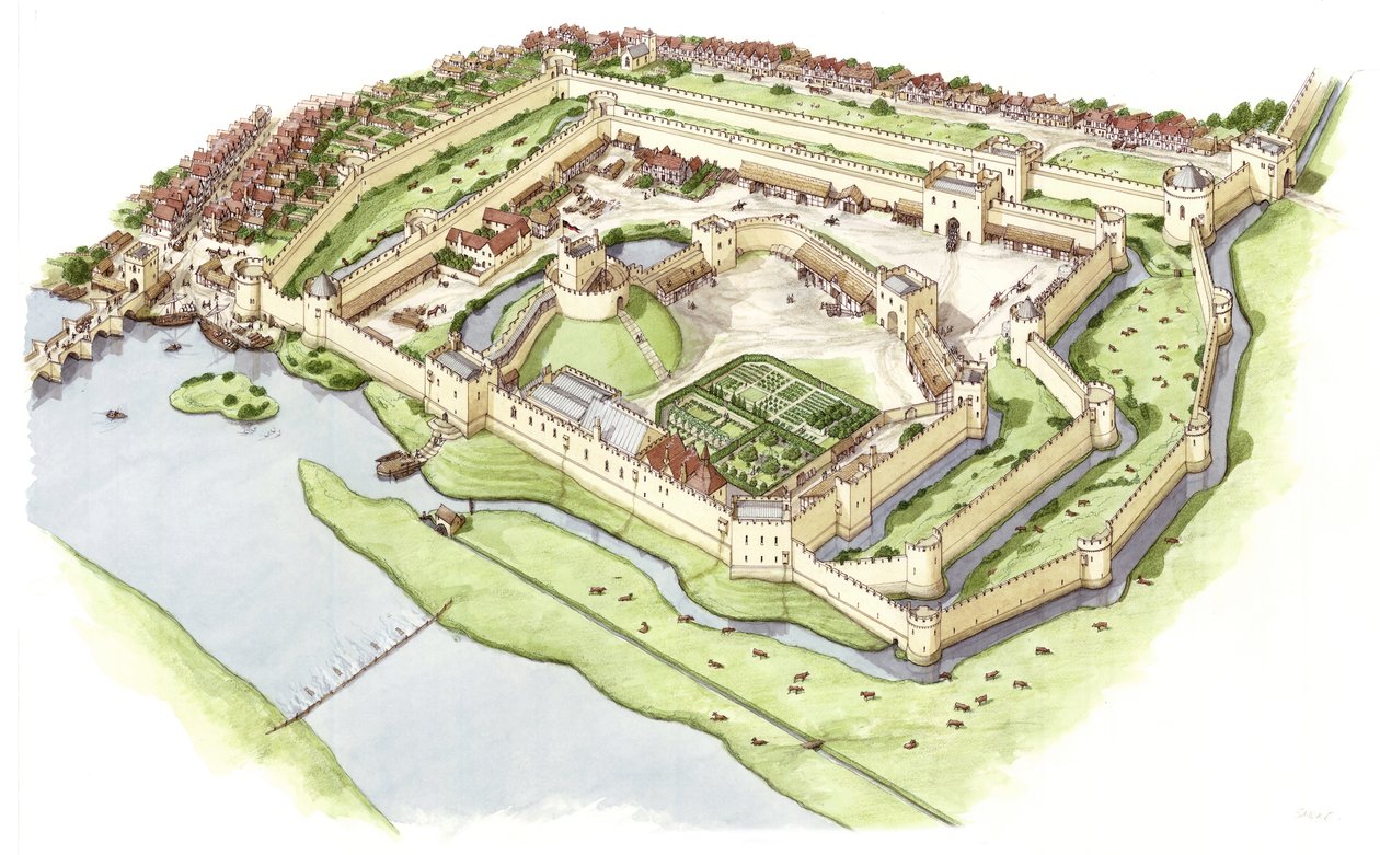 Wallingford Kalesi, Oxfordshire, c.1300-1399 (mürekkep ve suluboya) by Stephen Conlin