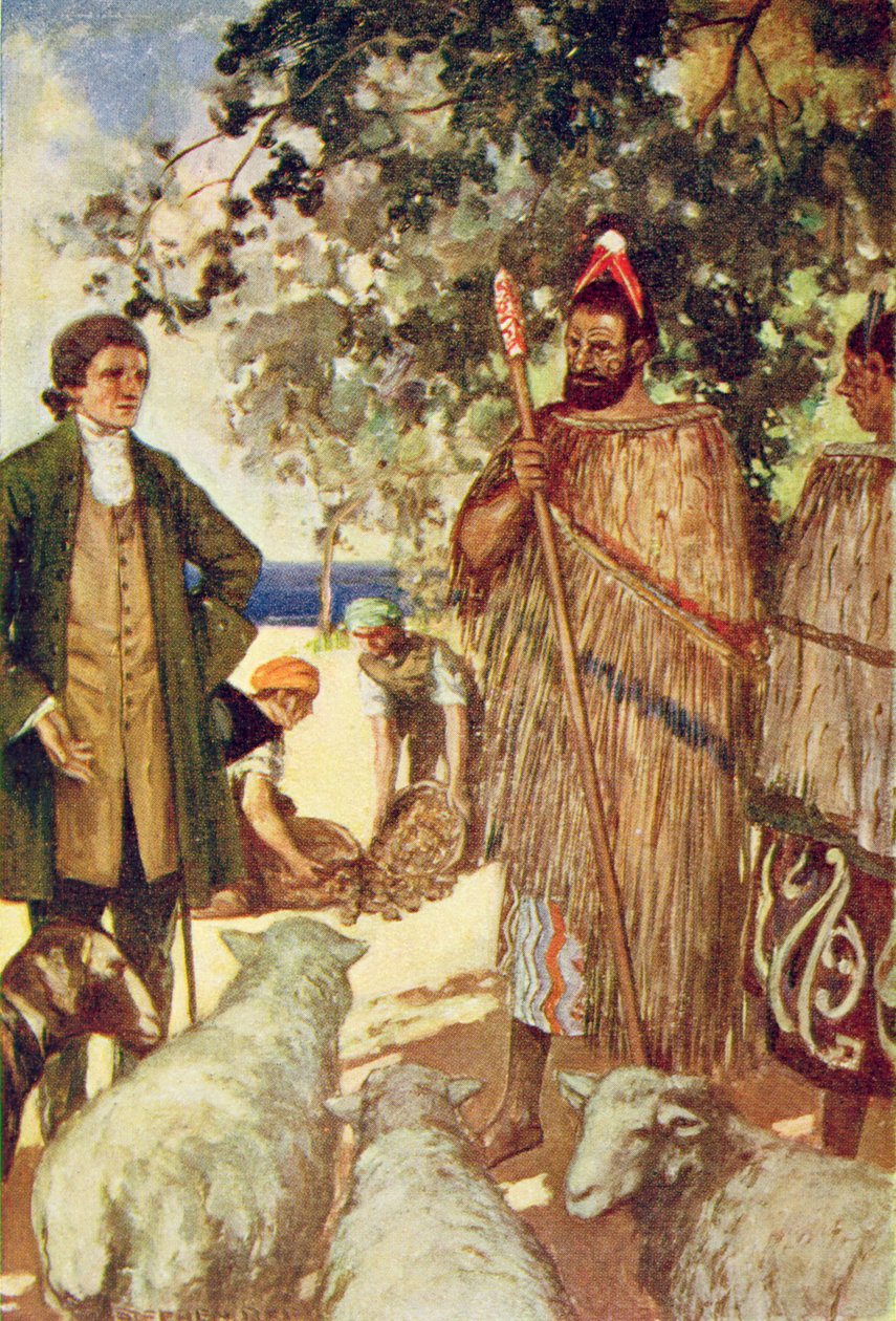 Kaptan Cook (1728-79), yerlilere bazı koyun ve keçiler sunar, T.C. Köprüler, 1931