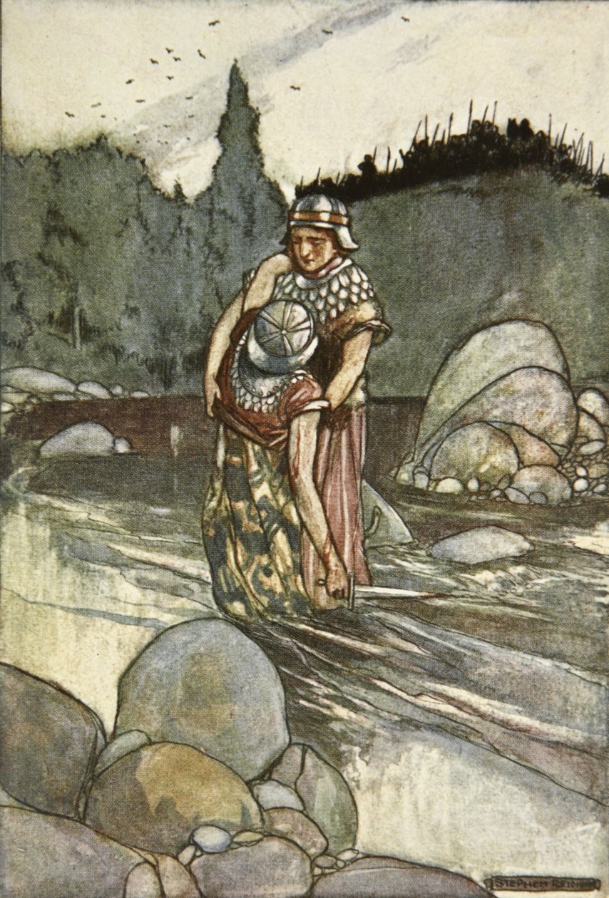Ferdia Cuchulain'in Eliyle Düşüyor, Eleanor Hull'un (1860-1935) 'Cuchulain, The Hound of Ulster'dan bir çizim by Stephen Reid