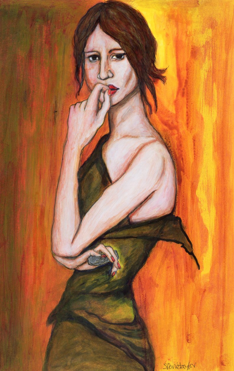 Yeşil Elbise ve Cep Telefonu, 2006 (kağıt üzerine kalem ve mürekkep ve mürekkepler) by Stevie Taylor