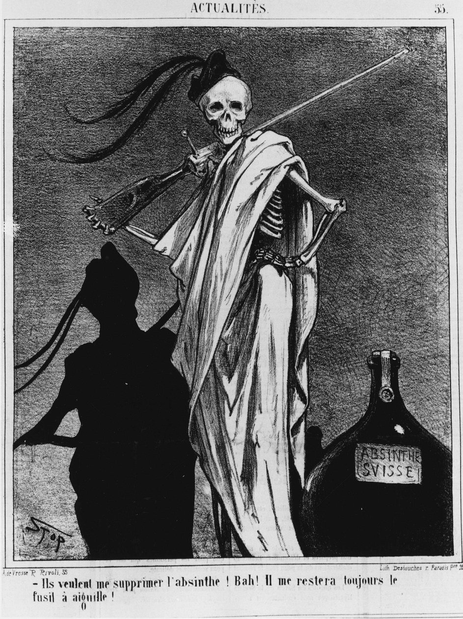 19. yüzyılda alkolizm, ölüm diyor ki, “Benden absinthe çıkarmak istiyorlar! Bah! İğneli tüfek her zaman bende kalacak!” - 12/04/1867