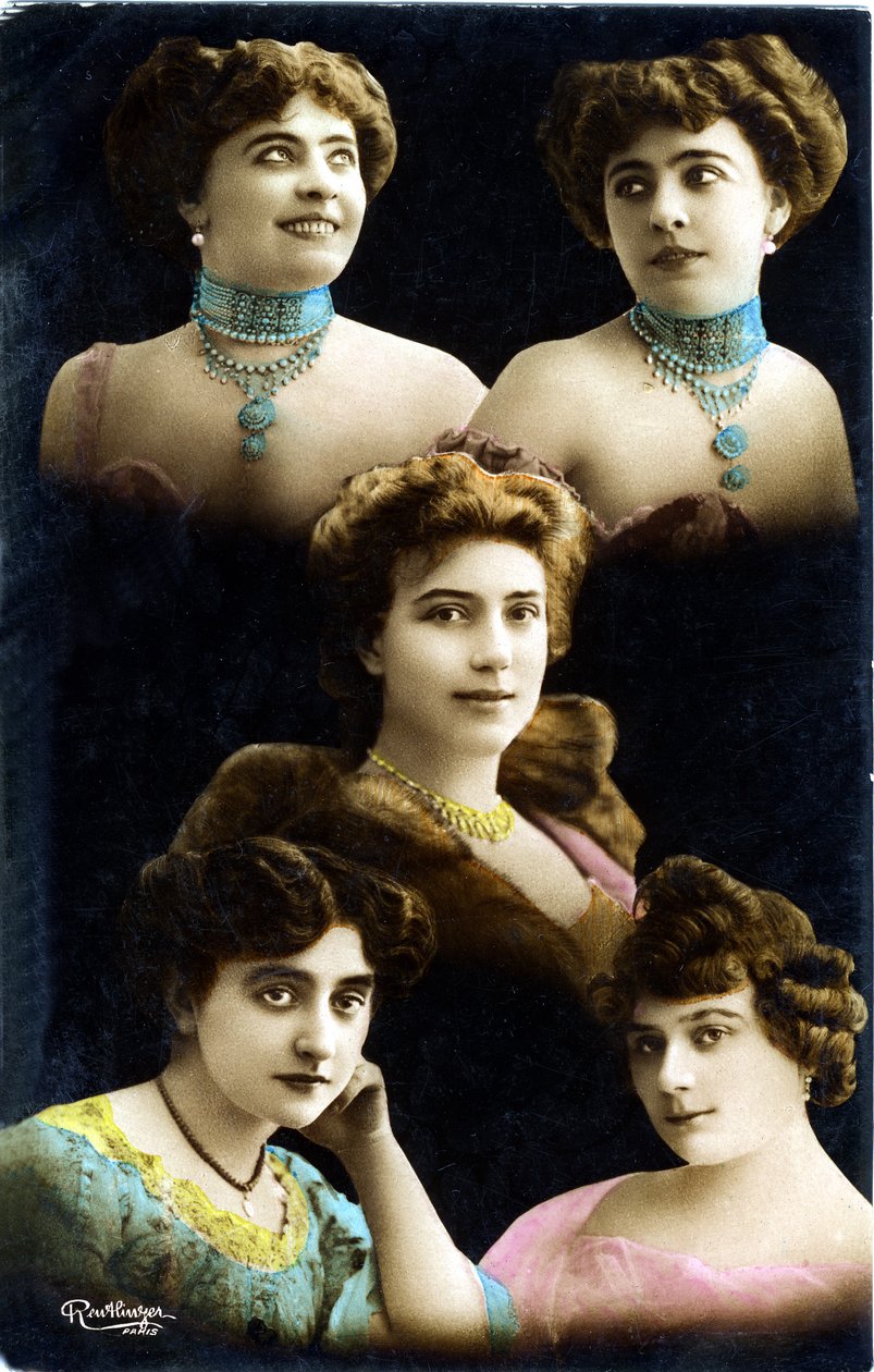 20. yüzyılın başlarındaki kartpostal: 5 genç kadının yüzlerinin mozaiği (fotoğraf) by Studio Reutlinger