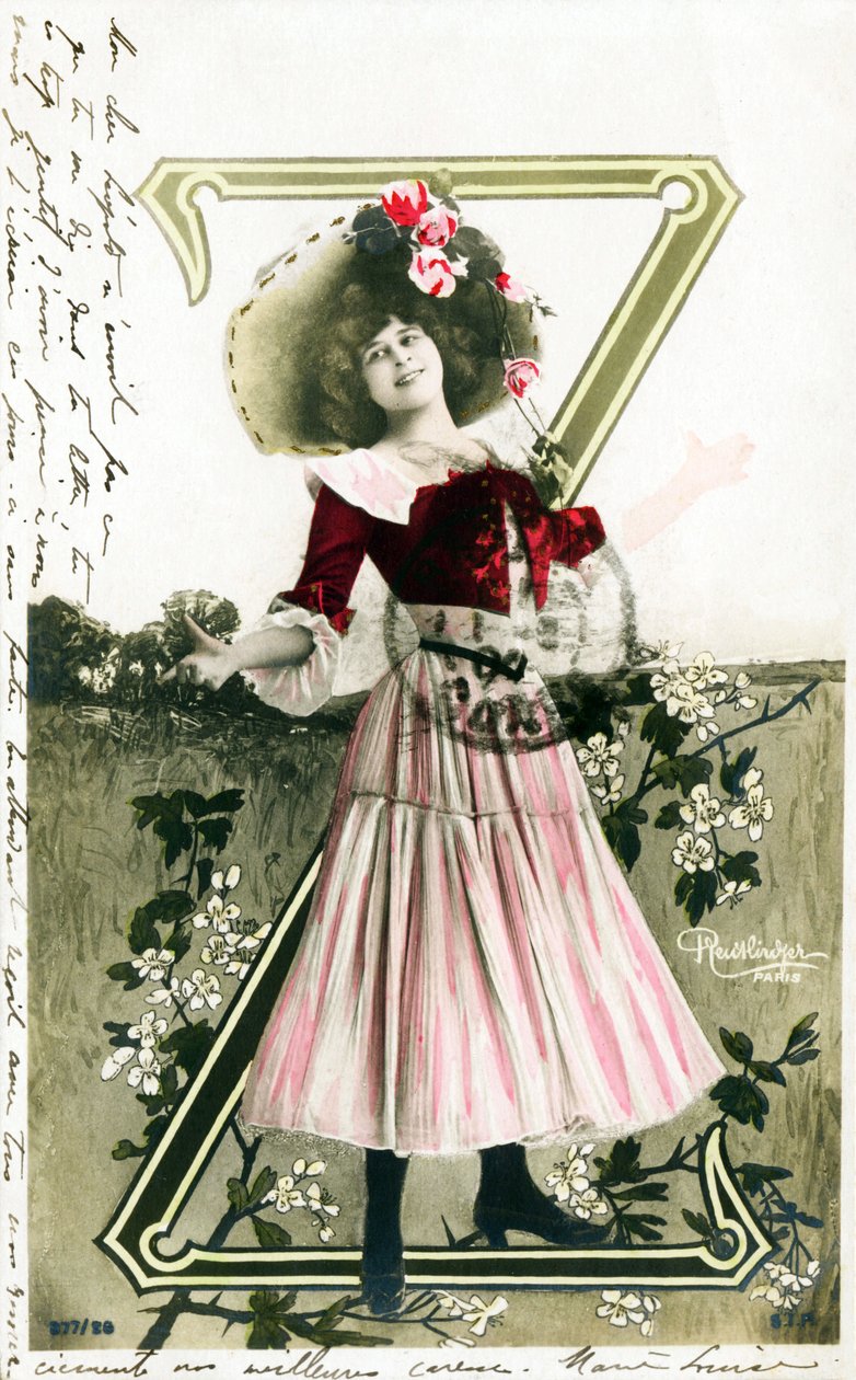 Z: Constance Elise De Vere, Belçika doğumlu İngiliz asıllı Fransız aktris, kartpostalda alfabe by Studio Reutlinger