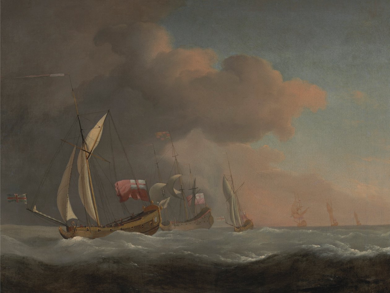 İngiliz Kraliyet Yatları, Kraliyet Standardında Uçan Bir Gemi Eşliğinde, Güçlü Bir Esintide Denizde by Studio of Willem van de Velde the Younger