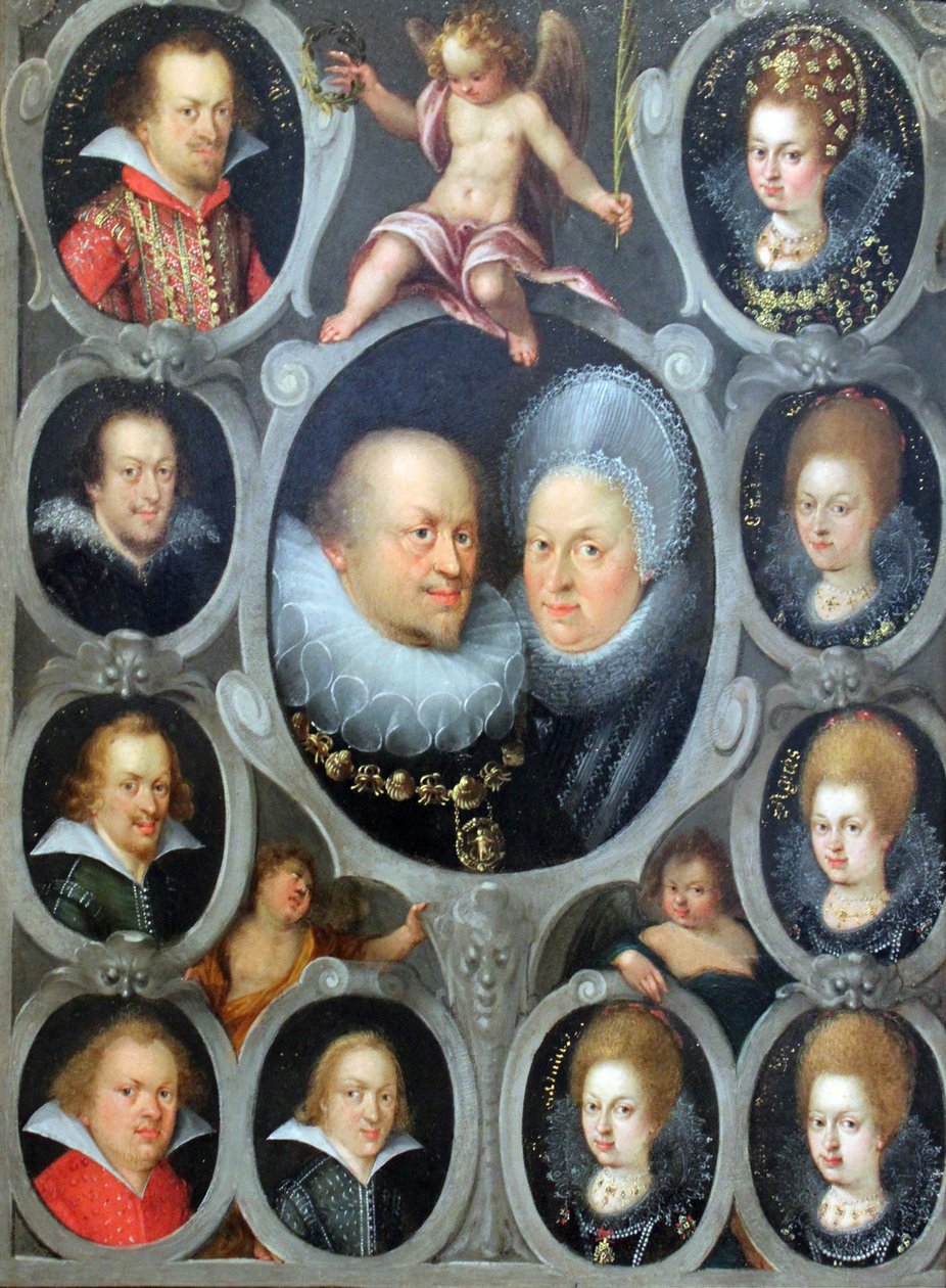Dük I. Friedrich (1557-1608) (taht 1593-1608) ve Düşes Sibylla von Württemberg, on çocuğuyla birlikte by Stuttgarter Hofmaler
