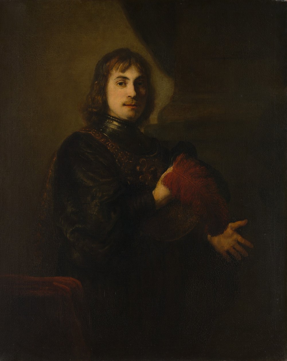Göğüs Zırhlı ve Tüylü Şapkalı Bir Adamın Portresi. by Style of Rembrandt