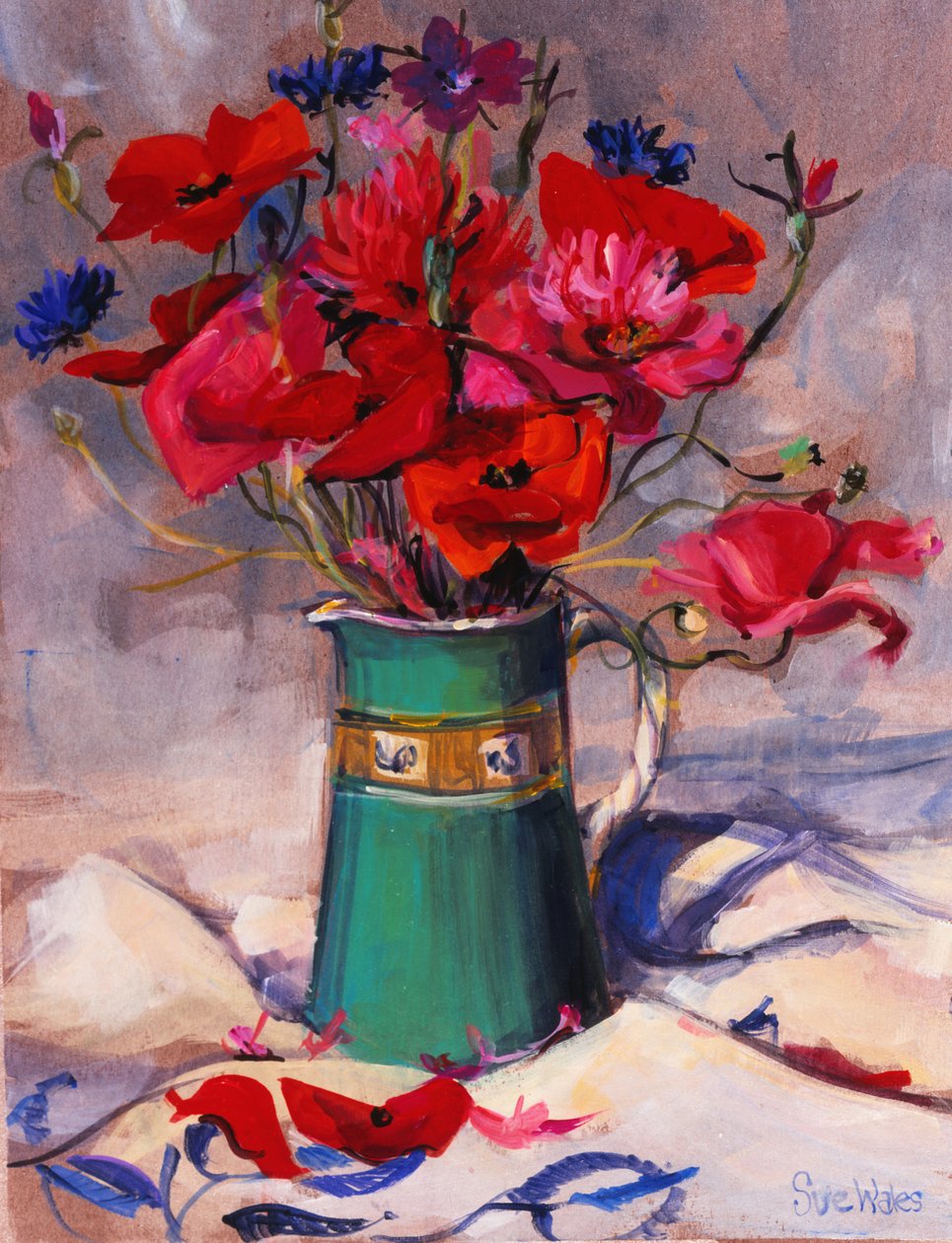 Yeşil sürahide gelincikler ve peygamberçiçekleri, 1994, by Sue Wales