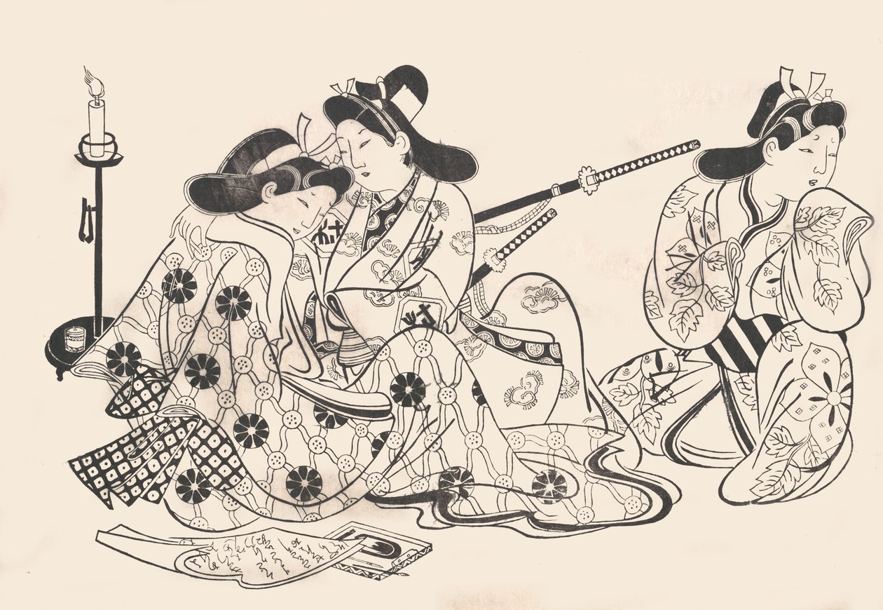 Samuray ve Fahişe Oturan, Yanlarında Bir Hizmetçi, ca. 1685., yaklaşık 1685. by Sugimura Jihei