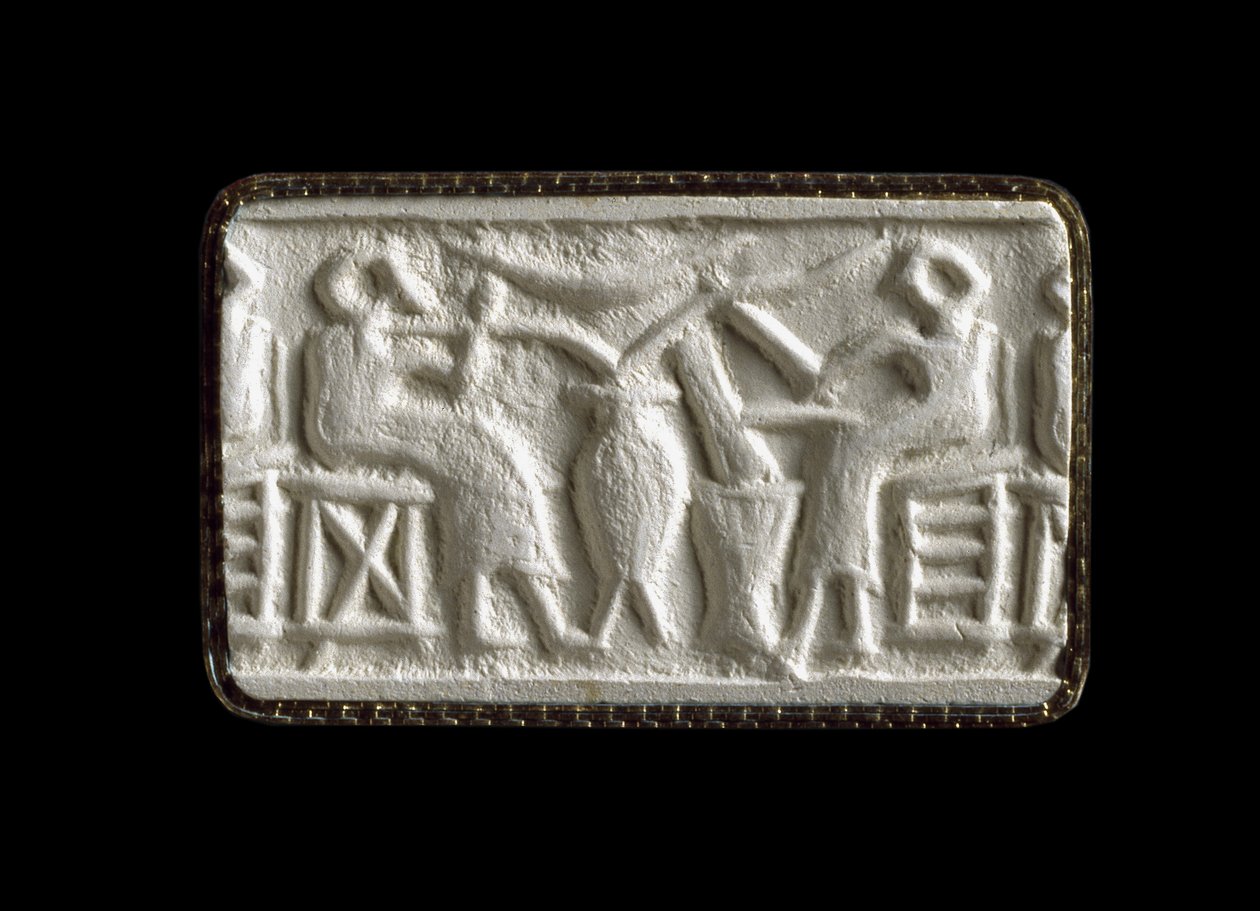 Tüplerden su içen iki oturan figürün silindir mühür baskısı, Kiş, Irak, muhtemelen MÖ 2500 dolayları (alçı baskı) by Sumerian