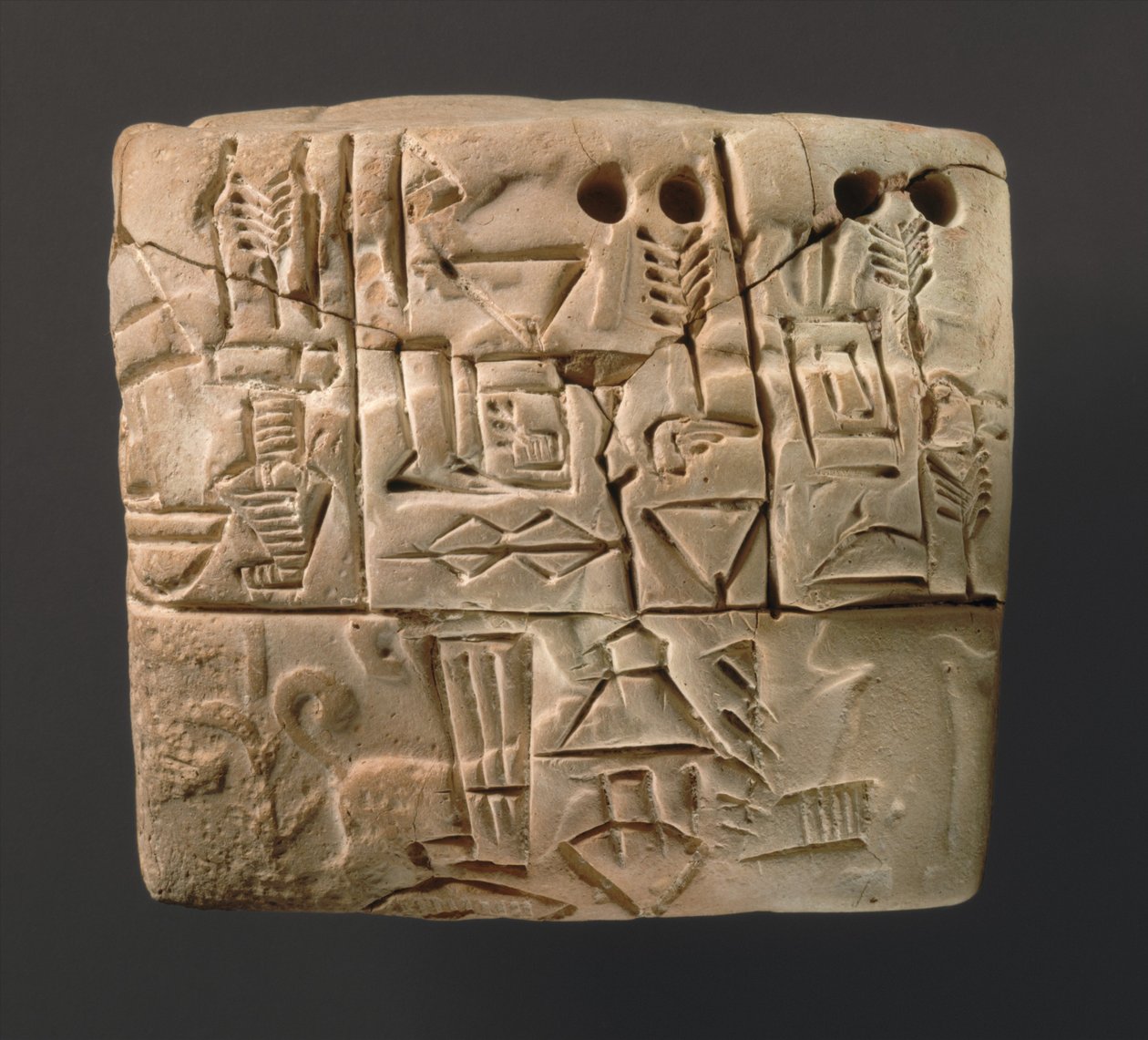 Arpa dağılımının hesaplarını gösteren çivi yazılı tablet, MÖ 3000 dolayları (kil) by Sumerian