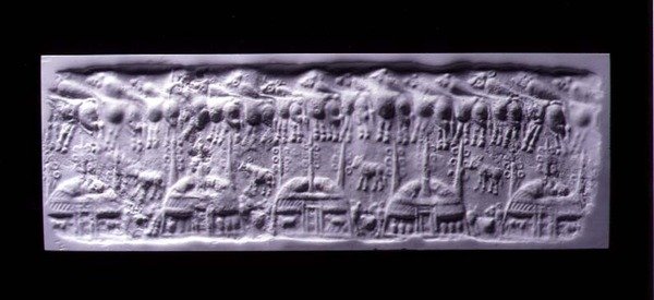 Kulplu silindir mühür baskısı, Uruk (şimdi Warka, Irak), MÖ 3300-3000 civarı (alçı) by Sumerian Sumerian