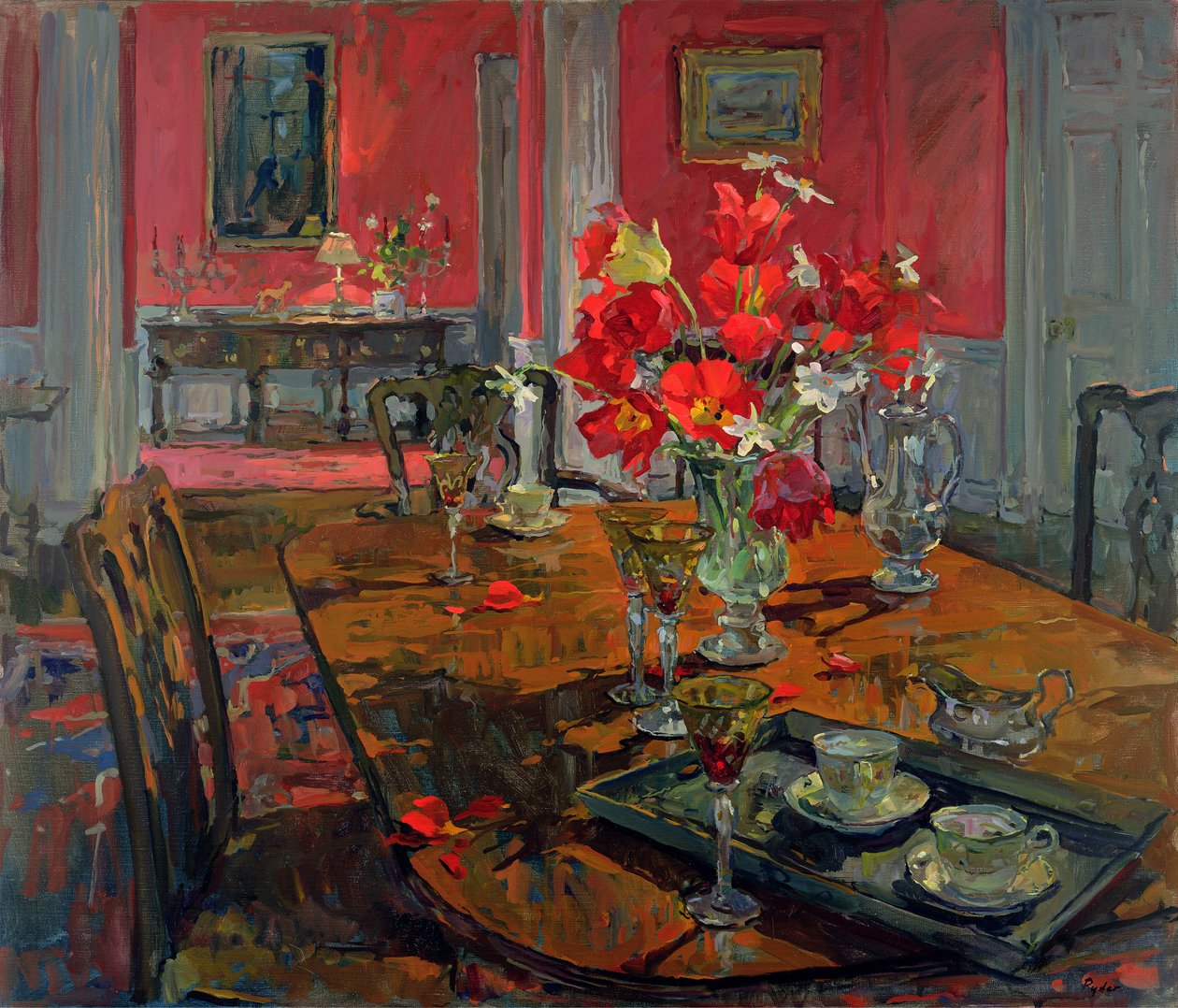 Kırmızı Yemek Odasında Laleler by Susan Ryder