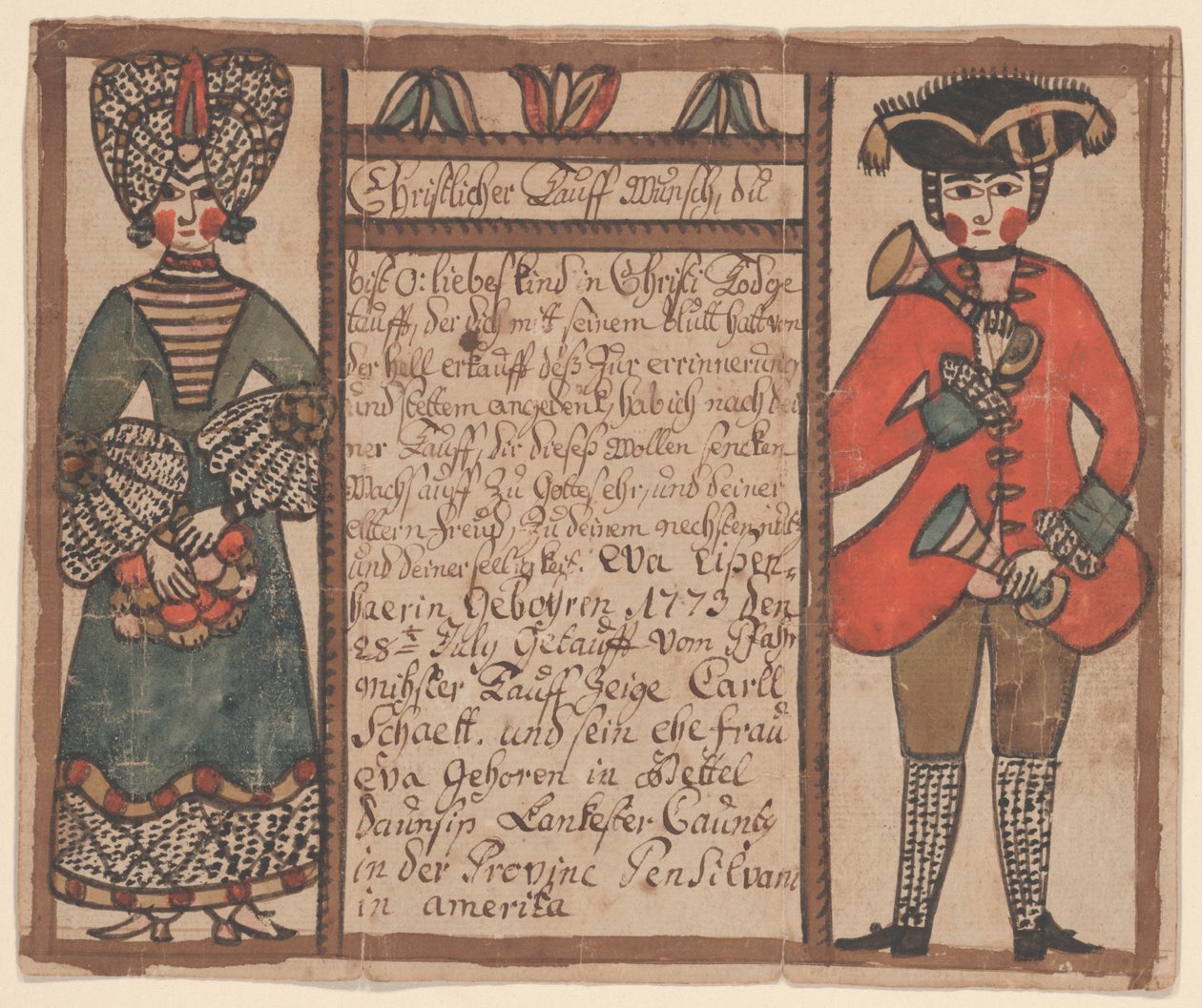 Eva Eissenhaer için doğum ve vaftiz belgesi, c.1773 (kağıt üzerinde kalem & mürekkep ve wc) by Sussel Washington Artist