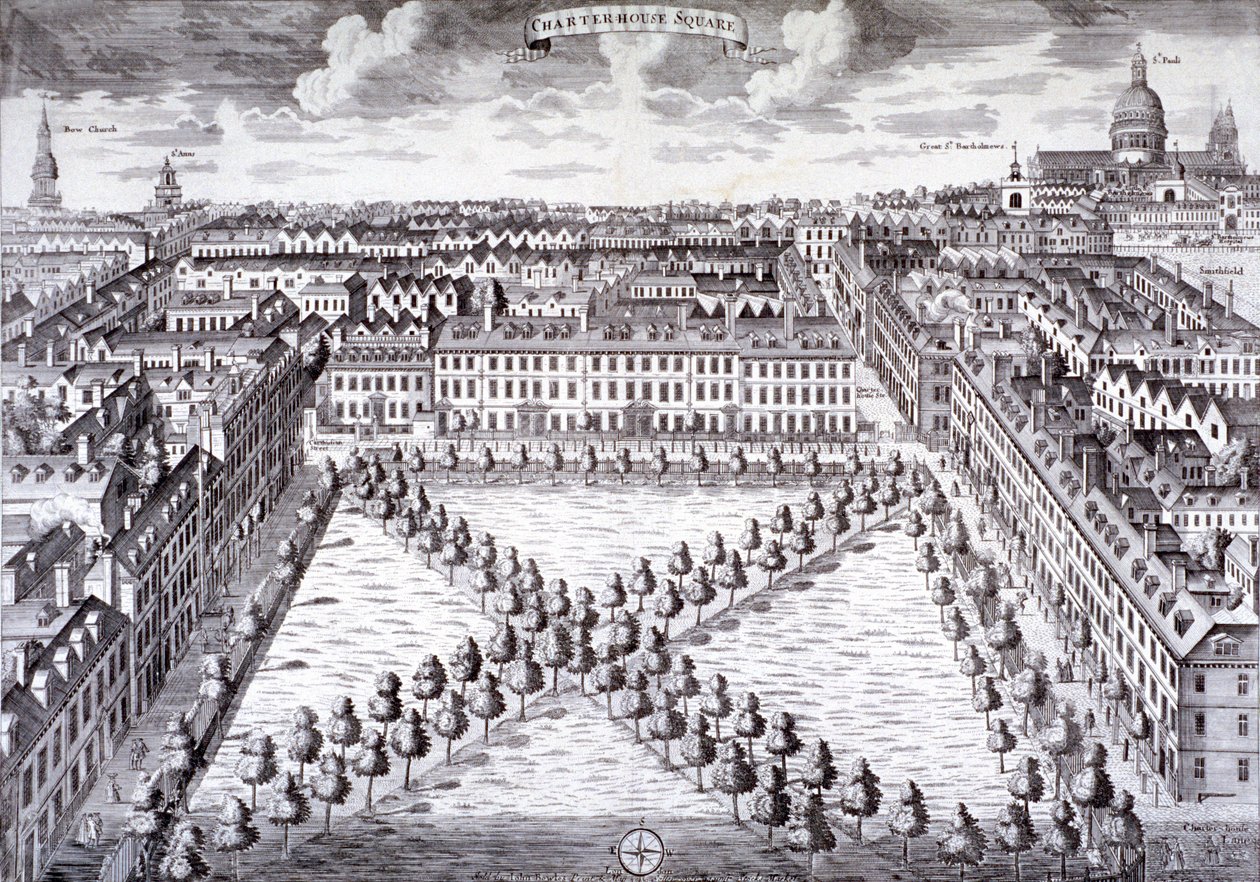 Charterhouse Meydanı'nın kuşbakışı görünümü, Finsbury, Londra, c1750 by Sutton Nicholls