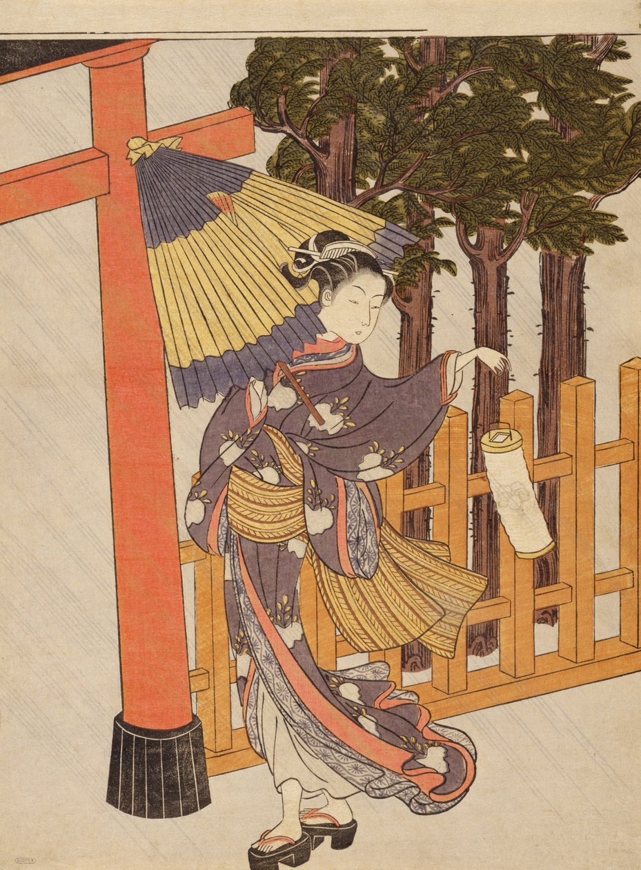 Gece Tapınağı ziyaret eden kadın by Suzuki Harunobu